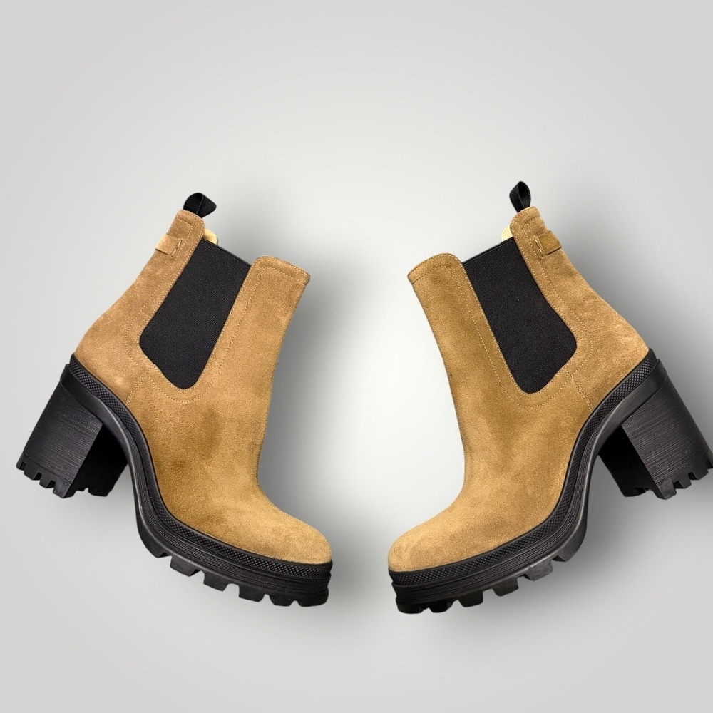 Veronica Beard Tan Suede Water‎ Repellent Chelsea Lug Sole Block Heel Boots 7.5M